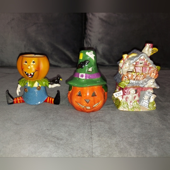 NIB TEA LIGHT HALLOWEEN CANDLE HOLDERS CERAMIC HAND-CRAFTED BUNDLE & CANDY BOWL - Picture 3 of 16